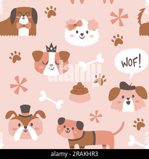 Simpatici cuccioli dal motivo senza cuciture. Animali domestici e cani isolati su sfondo rosa chiaro. Decorazione del vivaio. Design con ripetizione quadrata. Illust vettoriale Illustrazione Vettoriale