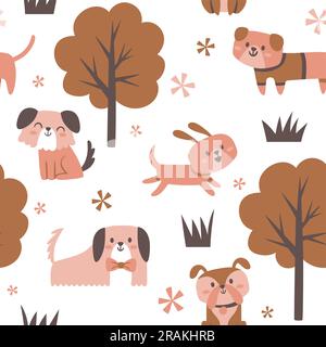 Simpatici cani e alberi senza cuciture. Animali domestici che si divertono nel parco. Decorazione del vivaio. Design con ripetizione quadrata. Illustrazione vettoriale. Illustrazione Vettoriale