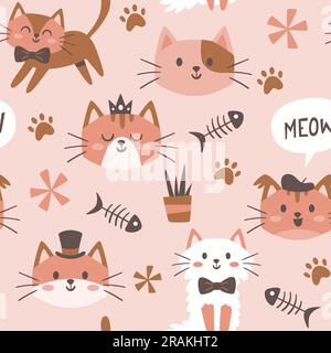 Simpatici cuccioli senza cuciture. Animali domestici e gatti isolati su sfondo rosa chiaro. Decorazione del vivaio. Design con ripetizione quadrata. Illust vettoriale Illustrazione Vettoriale