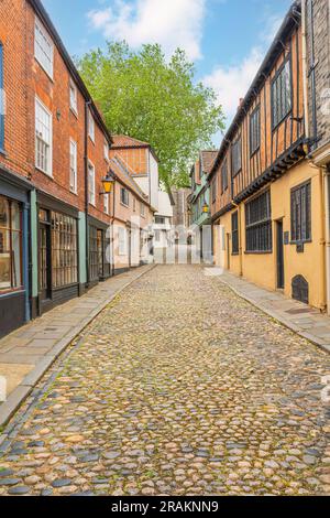 Elm Hill, nella città di Eat Anglian, Norwich, Norfolk Foto Stock