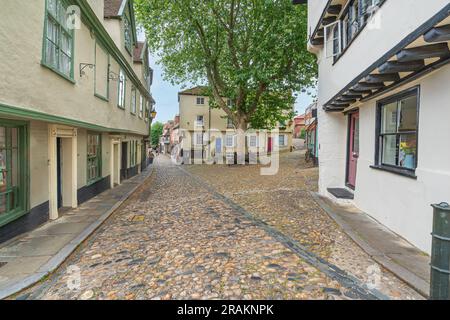 Elm Hill, nella città di Eat Anglian, Norwich, Norfolk Foto Stock