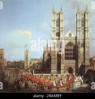 Westminster Abbey, with a Procession of Knights of the Bath 1749; Londra, Regno Unito by Canaletto Foto Stock