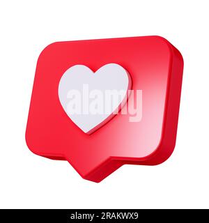 Icona a forma di fumetto rosso con il cuore isolato su sfondo bianco. Icona di notifica dei social media Love Like Heart. Emoji, chat e social network. Foto Stock