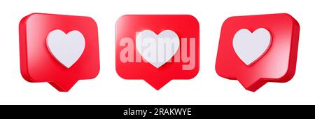 Icona del cuore in fumetto isolata su sfondo bianco. Icona di notifica dei social media Love Like Heart. Emoji, chat e social network. 3d. Foto Stock