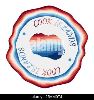 Badge Cook Islands. Mappa dell'isola con splendide onde geometriche e una cornice blu-rossa brillante. Logo Vivid round delle Isole Cook. Illustrazione vettoriale. Illustrazione Vettoriale