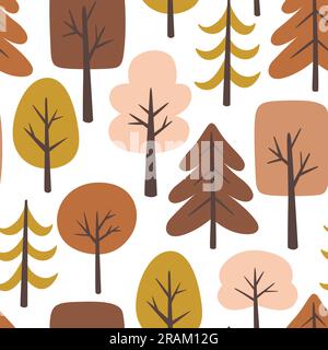 Pattern di alberi senza cuciture. Alberi isolati su sfondo bianco. Design con ripetizione quadrata. Illustrazione vettoriale. Illustrazione Vettoriale