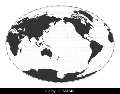 Mappa vettoriale del mondo. Proiezione pseudocilindrica Fahey. Mappa geografica del mondo pianeggiante con linee di latitudine e longitudine. Centrato a 180 gradi di longitudine. Ve Illustrazione Vettoriale