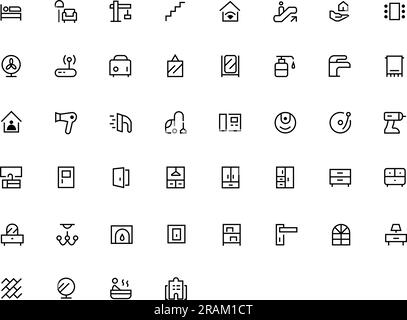 Icone per la casa, l'arredamento, gli elettrodomestici e l'arredamento. Illustrazione vettoriale su sfondo isolato. Illustrazione Vettoriale