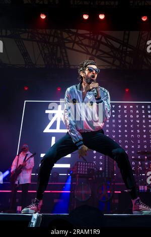 Kasabian ha scosso l’Eden Project questo fine settimana come parte delle Eden Sessions di quest’anno. I Rockers di Leicester noti per i loro tracciati mozzafiato come LSF, Empire, Foto Stock