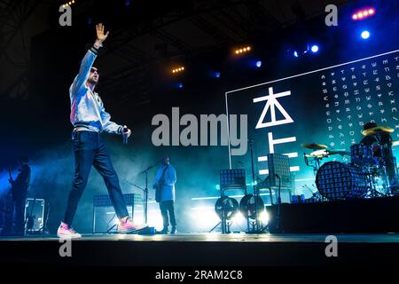 Kasabian ha scosso l’Eden Project questo fine settimana come parte delle Eden Sessions di quest’anno. I Rockers di Leicester noti per i loro tracciati mozzafiato come LSF, Empire, Foto Stock