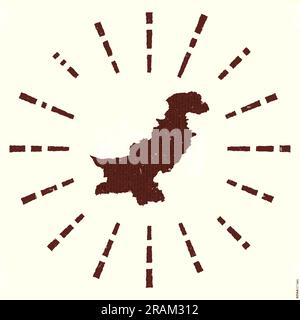 Logo Pakistan. Poster di grunge Sunburst con mappa del paese. Forma del Pakistan piena di cifre esagonali con raggi solari intorno. Potente malato vettoriale Illustrazione Vettoriale