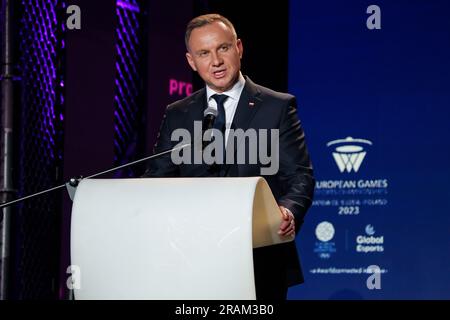 Andrzej Duda, presidente della Repubblica di Polonia, interviene durante la cerimonia di apertura ai Campionati europei di eSport 2023 Foto Stock