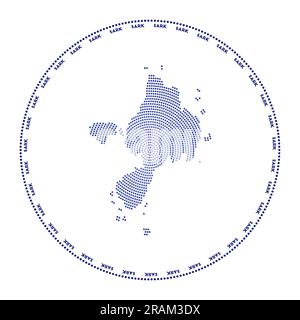 Logo Sark rotondo. Forma digitale di Sark in cerchio punteggiato con il nome dell'isola. Icona tecnologica dell'isola con punti sfumati. Elegante illustrazione vettoriale Illustrazione Vettoriale