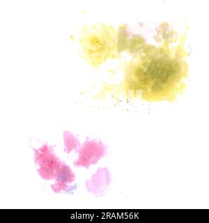 Acquerello dipinto a mano macchie e spruzzi di rosa e verde illustrazione isolata su uno sfondo bianco Foto Stock