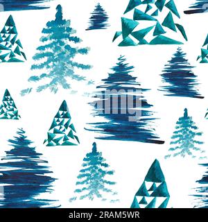 Acquerello motivo senza cuciture albero di Natale disegnato a mano stile astratto per l'uso in tessuti, imballaggi per le vacanze, carta da imballaggio, invito al design. Foresta Foto Stock