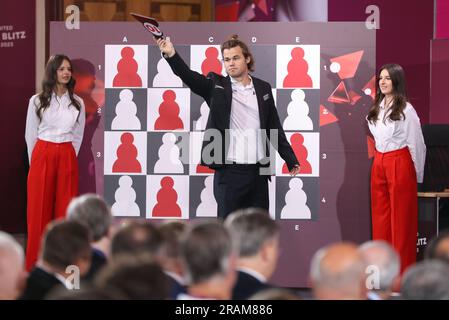 Zagabria, Croazia. 4 luglio 2023. Magnus Carlsen, il miglior giocatore di scacchi del mondo, durante l'apertura cerimoniale del torneo di scacchi Croatia Grand Chess Tour Rapid & Blitz al Westin Hotel di Zagabria, Croazia, il 4 luglio 2023. Foto: Jurica Galoic/PIXSELL credito: Pixsell/Alamy Live News Foto Stock