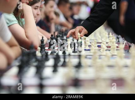 Zagabria, Croazia. 4 luglio 2023. Magnus Carlsen, il miglior giocatore di scacchi del mondo, durante l'apertura cerimoniale del torneo di scacchi Croatia Grand Chess Tour Rapid & Blitz al Westin Hotel di Zagabria, Croazia, il 4 luglio 2023. Foto: Jurica Galoic/PIXSELL credito: Pixsell/Alamy Live News Foto Stock