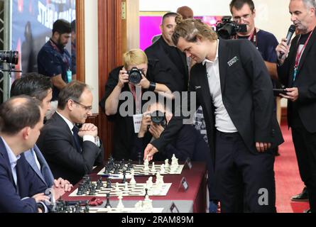 Zagabria, Croazia. 4 luglio 2023. Magnus Carlsen, il miglior giocatore di scacchi del mondo, durante l'apertura cerimoniale del torneo di scacchi Croatia Grand Chess Tour Rapid & Blitz al Westin Hotel di Zagabria, Croazia, il 4 luglio 2023. Foto: Jurica Galoic/PIXSELL credito: Pixsell/Alamy Live News Foto Stock