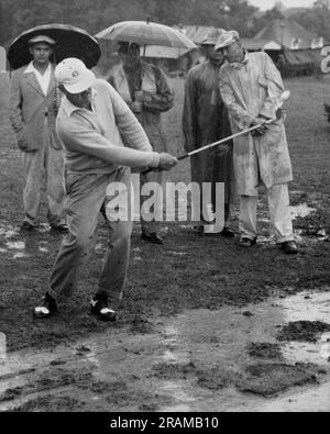 Washington, D.C.: Settembre 1953. Un golfista esce dal fango sotto la pioggia al National Celebrities Tournament di Washington D.C. L'incontro si tenne al Woodmont Country Club. Foto Stock