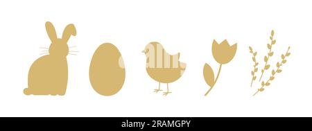set di icone pasquali dorate: coniglietto, uovo, gallina, fiore di tulipano e salici - illustrazione vettoriale Illustrazione Vettoriale