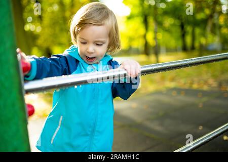 Simpatico bambino che si diverte in un parco giochi all'aperto nelle calde giornate autunnali. Divertimento attivo per bambini piccoli in autunno. Foto Stock