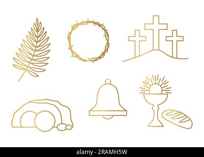 Set dorato di icone relative alla Pasqua: Foglia di palma, corona di thornes, monte Calvario, tomba di Gesù, campana, icona del calice e del pane della santa comunione - illust vettoriale Illustrazione Vettoriale