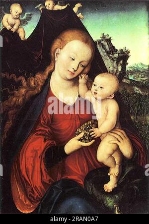 Madonna col bambino con un mazzo d'uva 1525; Germania di Lucas Cranach il Vecchio Foto Stock