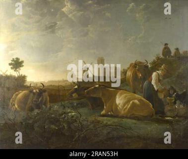 A Distant View of Dordrecht, con una Milkmaid e quattro mucche 1650 di Aelbert Cuyp Foto Stock