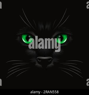 Vector 3d realistico Green Cats Eye of a Black Cat in the Dark, di notte. Cat Face con Yes, Nose, Whiskers on Black. Cat Closeup Look in the Darkness Illustrazione Vettoriale
