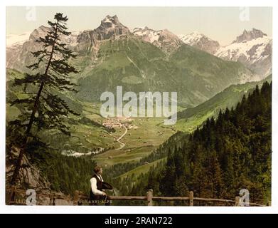 Vista di Engelberg dalle Alpi Arni, Obvaldo, Svizzera 1890. Foto Stock