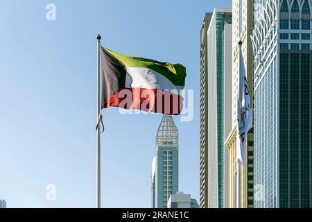 Bandiera che sventola sullo sfondo edificio moderno, simbolo nazionale degli Emirati Arabi Uniti. Concetto di giornata Nazionale e giornata bandiera degli Emirati Arabi Uniti. La bandiera degli Emirati Arabi Uniti Foto Stock