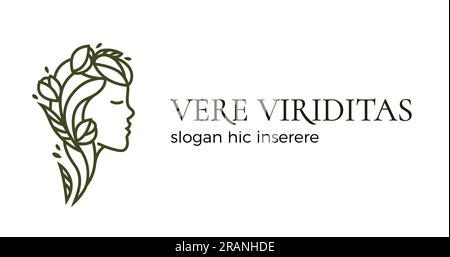 Bella ragazza con fiori al posto dei capelli. Logo con la testa di una donna. Illustrazione vettoriale Illustrazione Vettoriale