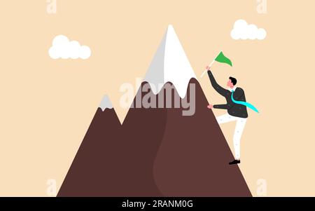 Un uomo d'affari sale una montagna per raggiungere il suo obiettivo, simboleggiando lo sforzo, la perseveranza e l'ambizione necessari per il successo e la crescita aziendale. Illustrazione Vettoriale