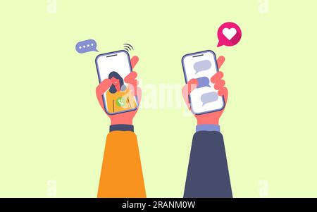 Smartphone con mano, messaggi e chiamate d'amore, design vettoriale piatto, stile cartoon... Illustrazione Vettoriale