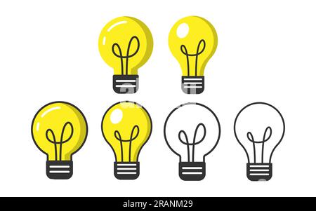Un set di due lampadine piatte e lineart rappresenta il concetto di idee aziendali efficaci. Illustrazione Vettoriale