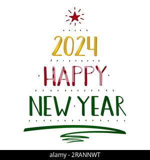 Scritta a mano Happy New Year 2024, moderna calligrafia con inchiostro a pennello. Un albero di Natale è composto da numeri, testo, tratto di penna e stella. Illustrazione Vettoriale