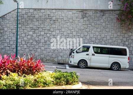 Un classico furgone bianco parcheggiato sulla metà della strada di Hong Kong Foto Stock