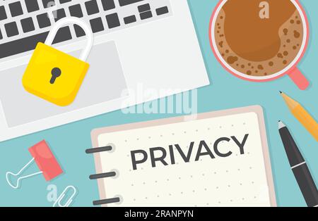 parola sulla privacy scritta su una cartella file, composizione piatta della scrivania da ufficio con computer portatile, lucchetto, penna, pettine, notebook, clip da ufficio e tazza da caffè Illustrazione Vettoriale