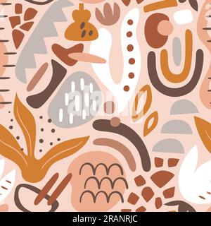 Forme astratte pattern senza cuciture. Forme organiche boho con una calda tavolozza di colori. Design con ripetizione quadrata. Illustrazione vettoriale. Illustrazione Vettoriale