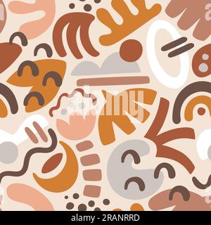 Forme astratte pattern senza cuciture. Forme organiche boho con una calda tavolozza di colori. Design con ripetizione quadrata. Illustrazione vettoriale. Illustrazione Vettoriale