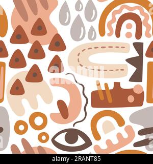Forme astratte pattern senza cuciture. Forme organiche boho con una calda tavolozza di colori. Design con ripetizione quadrata. Illustrazione vettoriale. Illustrazione Vettoriale