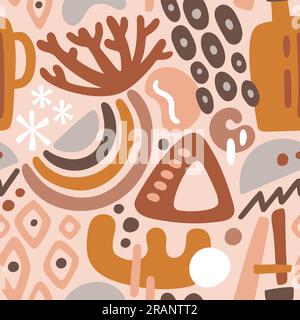 Forme astratte pattern senza cuciture. Forme organiche boho con una calda tavolozza di colori. Design con ripetizione quadrata. Illustrazione vettoriale. Illustrazione Vettoriale