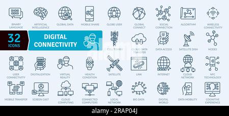 Pacchetto icone connettività digitale. Raccolta sottile di informazioni per l'elaborazione digitale Illustrazione Vettoriale