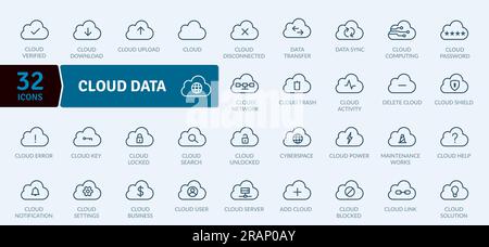 Pacchetto icone Data Cloud. Gestione del cloud dei dati di raccolta thin line Illustrazione Vettoriale