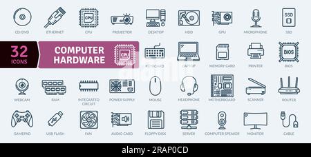 Raccolta di icone hardware e periferiche per computer. Set di icone a linea sottile e semplici icone vettoriali Illustrazione Vettoriale
