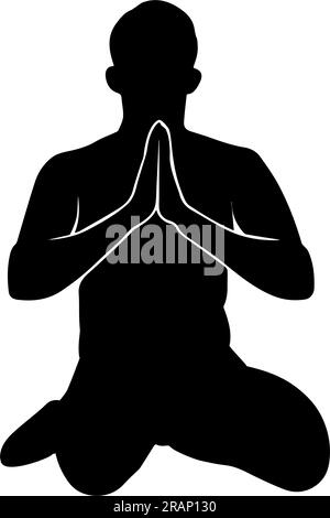 Silhouette di un uomo buddista seduto in ginocchio a pregare. Vista frontale Illustrazione Vettoriale