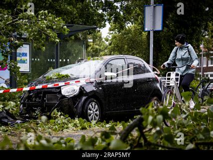 HAARLEM - Un albero caduto su un'auto sulla Marnixstraat ad Haarlem. La prima tempesta estiva dell'anno e la prima nel suo genere dall'agosto 2020 è stata chiamata Poly. Il KNMI ha emesso il codice rosso per una parte del paese. ANP REMKO DE WAAL netherlands Out - belgium Out Foto Stock