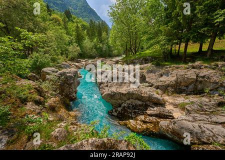 Canyon selvaggio con acque cristalline turchesi nella valle di Soca, Parco Nazionale di Trigalv vicino a Bovec, Slovenia Foto Stock