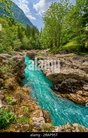 Canyon selvaggio con acque cristalline turchesi nella valle di Soca, Parco Nazionale di Trigalv vicino a Bovec, Slovenia Foto Stock