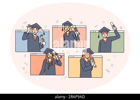Gli studenti felici in mantelli celebrano la laurea con lo studio online. I laureati sorridenti sono entusiasti della conclusione dell'università. Concetto di istruzione remota. Illustrazione vettoriale. Illustrazione Vettoriale